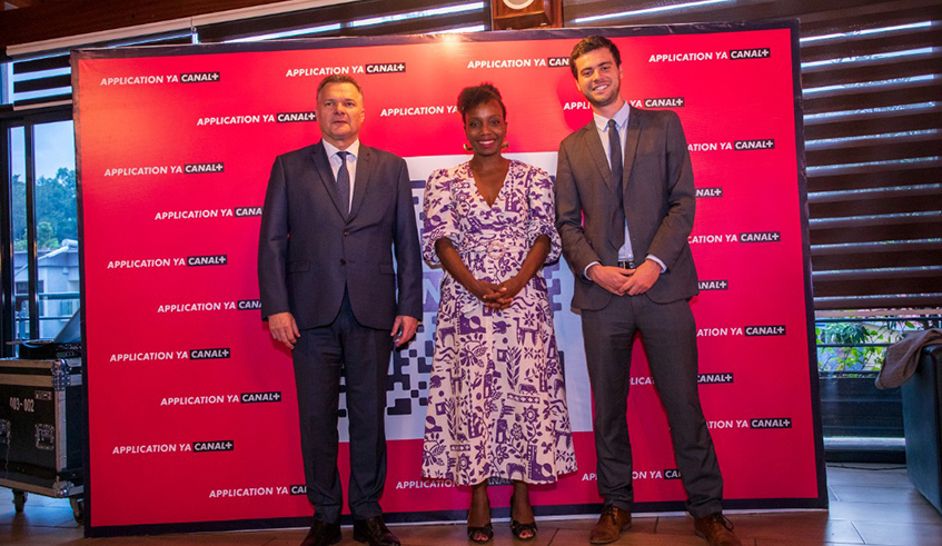 French Ambassador to Rwanda, Antoine Anfreu0301 alongside Canal + officials and partners during the launch of its free software application, Canal + app in Kigali. / Courtesy