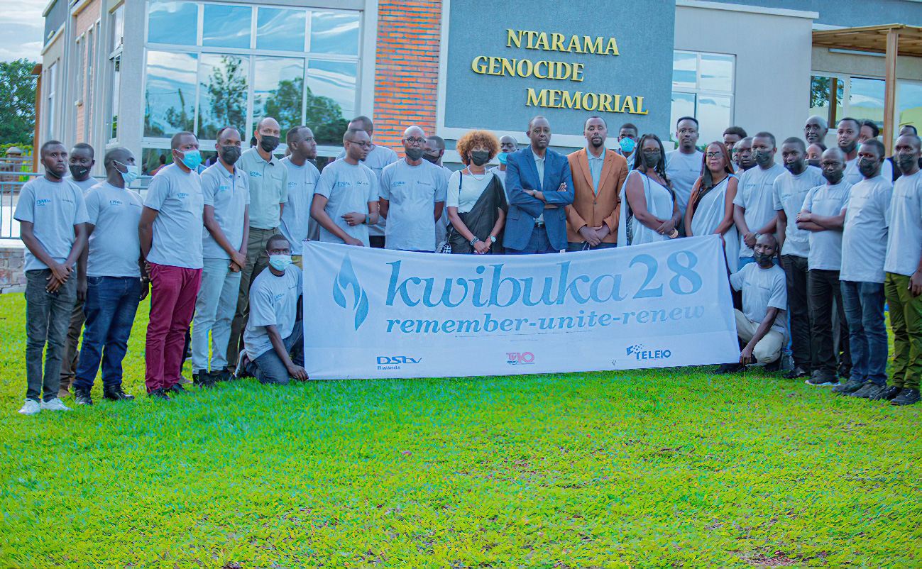 Pay TV distribution company, Tele 10, and its partner DStv Rwanda staff and management pose for a group photo during the visit of Ntarama Genocide Memorial on April 29. / Photos: Courtesy.