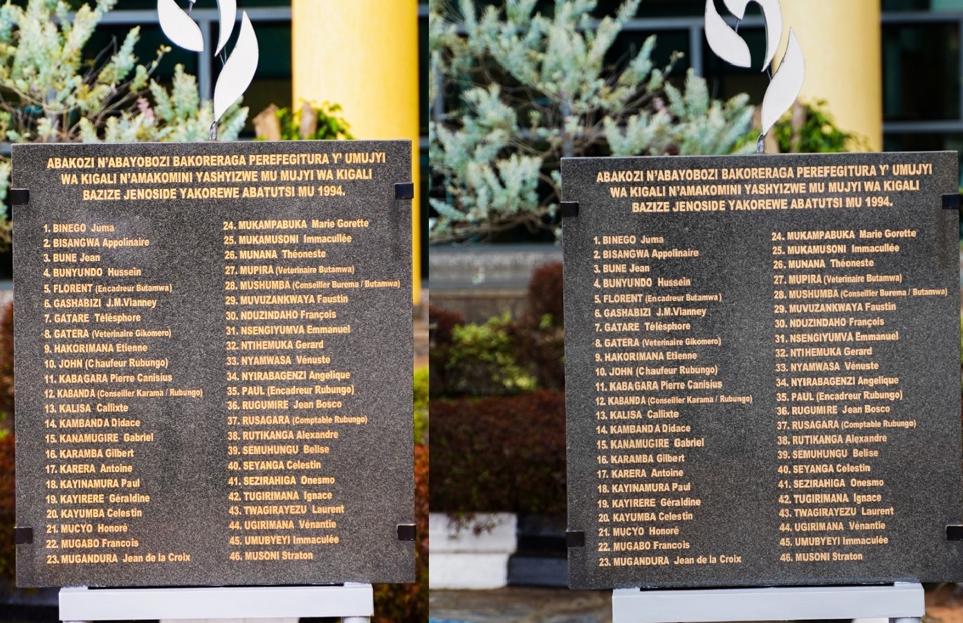 A wall of remembrance with names of the former staff of the Prefecture de la Ville de Kigali who were killed during the Genocide Against the Tutsi. Courtesy