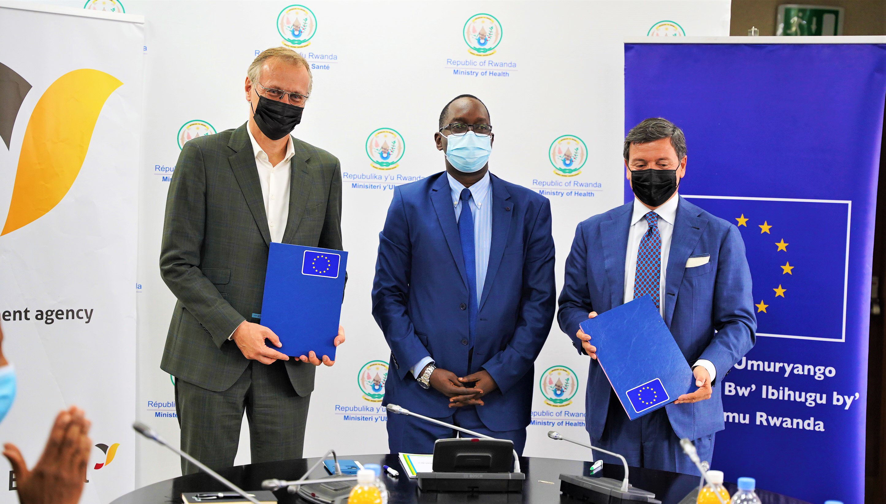 Dirk Deprez Enabel Resident Representative,  Dr Daniel Ngamije, the Minister of Health and   EU envoy to Rwanda, Nicola Bellomo during the signing ceremony of the agreement in Kigali on May 6. All Photos by Craish Bahizi