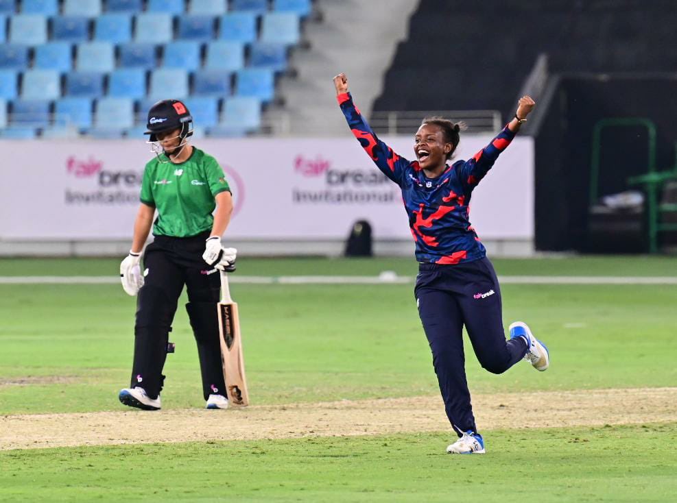 Rwanda's bowler Henriette Ishimwe celebrates during the game after a bright start at the Fairbreak T20 Invitational Tournament in Dubai, United Arab Emirates on May 5,2022. Courtesy
