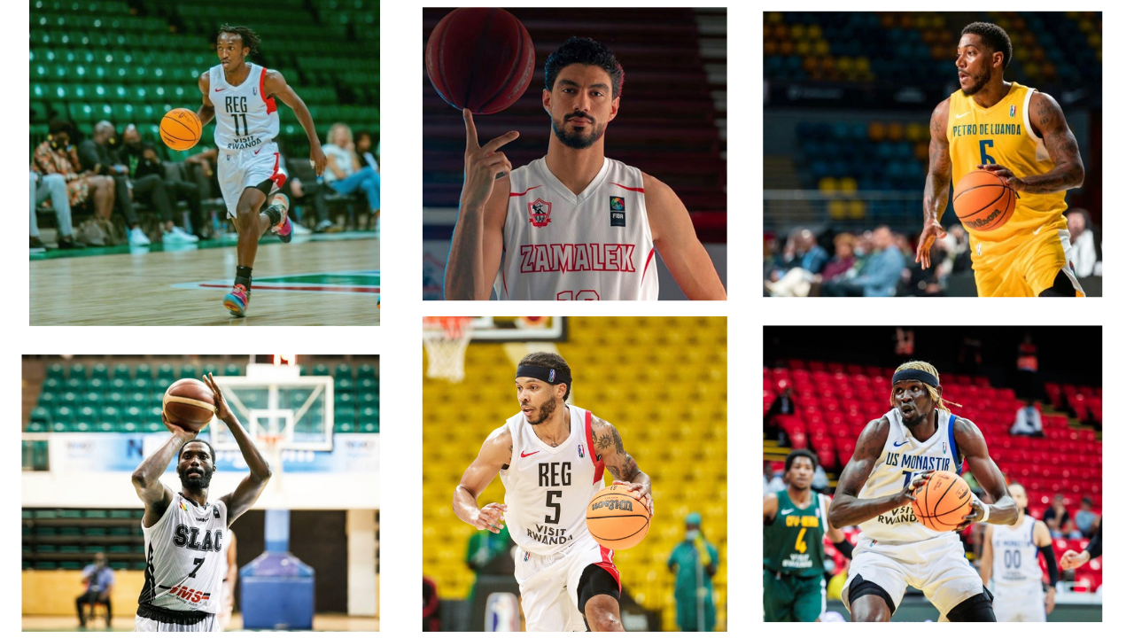 Clockwise: Jean Jacques Wilson Nshobozwabyosenumukiza (REG), Anas Mahmoud (Zamalek), Carlos Morais (Petro de Luanda), Ater Majok (US Monastir), Cleveland Thomas Jr (REG) and Dane Miller Jr (S.L.A.C) are some of the players expected to light up the playoffs of the BAL that will get underway May 21-28 in Kigali. 