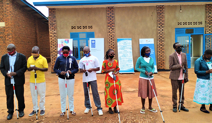 Visually impaired persons during the handover of walking sticks on November 26, 2021. Photo: Craish Bahizi.