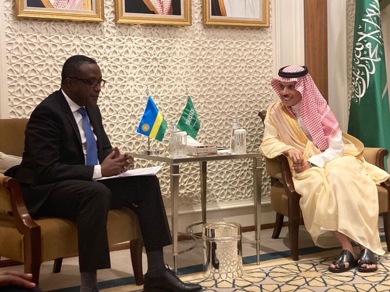 Minister for Foreign Affairs Dr. Vincent Biruta meets with his Saudi counterpart, Prince Faisal Bin Farhan Al Saud on the former's official visit to the Kingdom of Saudi Arabia on May 15,2022.  The two ministers discussed strengthening Cooperation between Rwanda and Saudi Arabia.  Courtesy