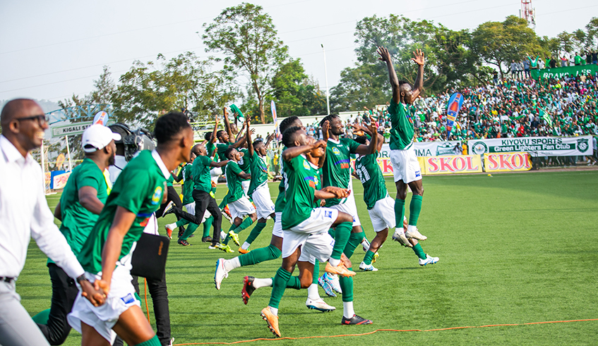 Kiyovu SC players celebrate a victory during the league match against Rayon Sports at Kigali Stadium. The Mumena based players will get 30Millions as a bonus if they win the league title. / Olivier Mugwiza