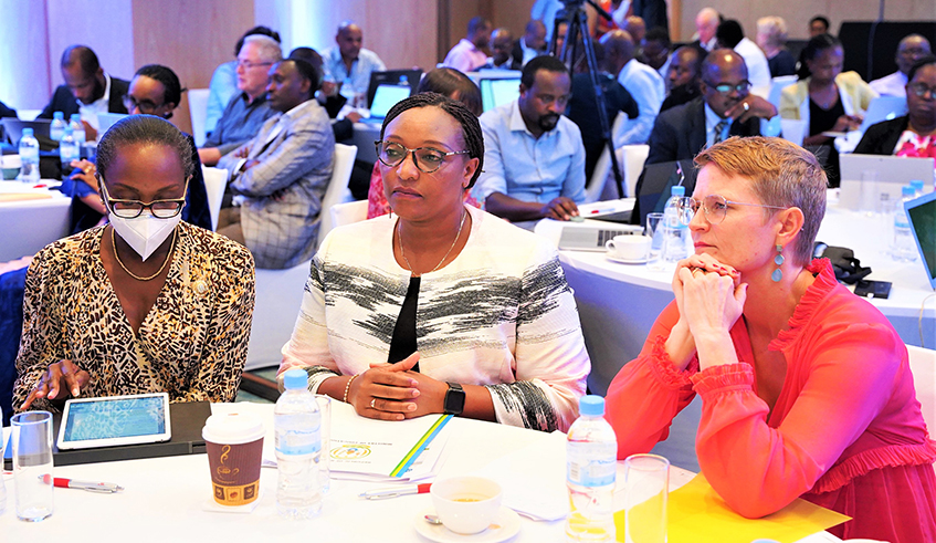 (L-R)World Bank Rwanda Country Manager, Rolande Pryce , Minister of Education Valentine Uwamariya and Johanna Teague, the  Ambassador of Sweden in Rwanda follow a presentation during the meeting on May 17. Craish Bahizi