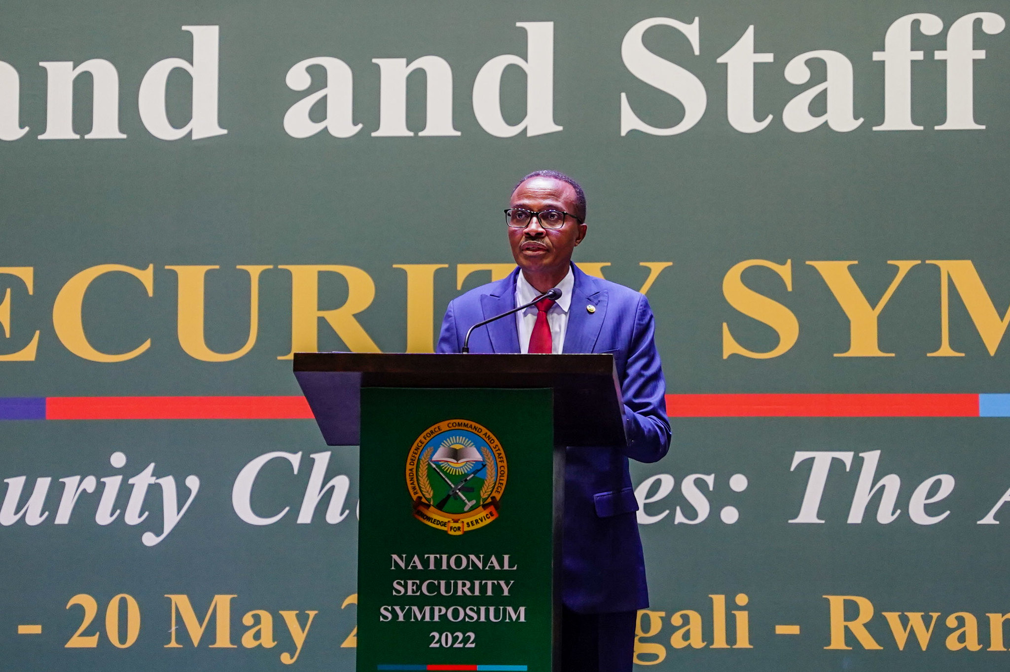  Minister for Defence, Maj Gen Albert Murasira, addresses  the 9th National Security Symposium  in Kigali on May 18. All photos by Dan Nsengiyumva