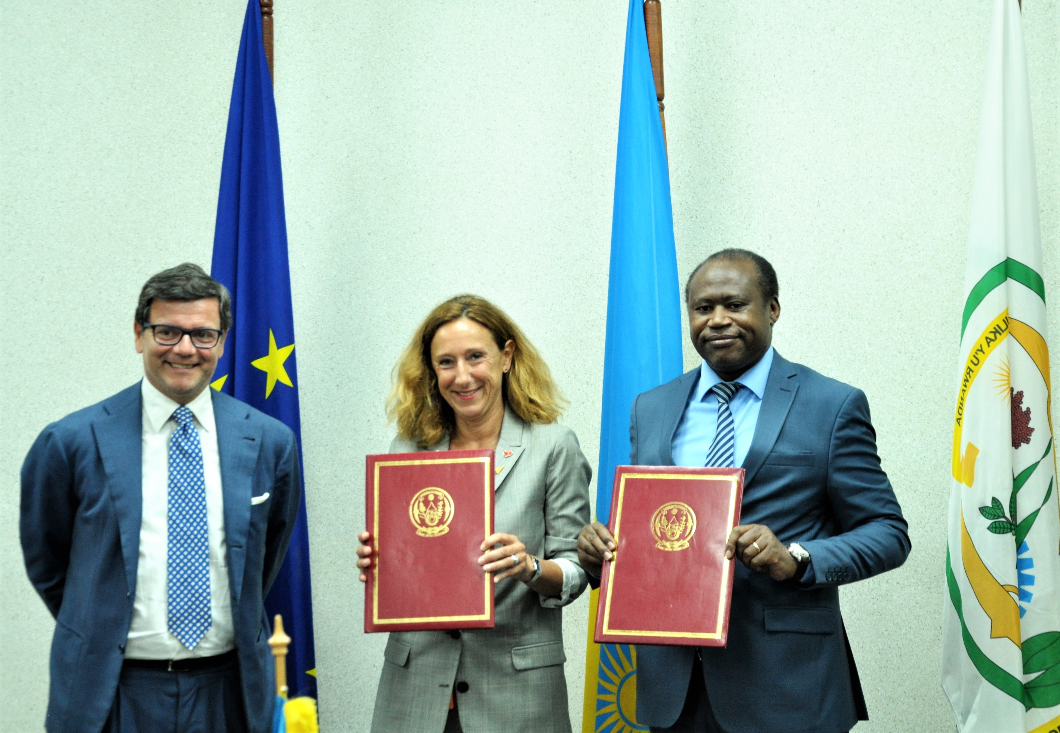  (L-R) EU Ambassador to Rwanda, Nicola Bellomo, Myriam Ferran, Deputy- Director General of the European Commissionu2019s Directorate General for International Partnerships and Minister of Finance and Economic planning Uzziel Ndagijimana during the signing ceremony in Kigali on May 18,2022. Courtesy