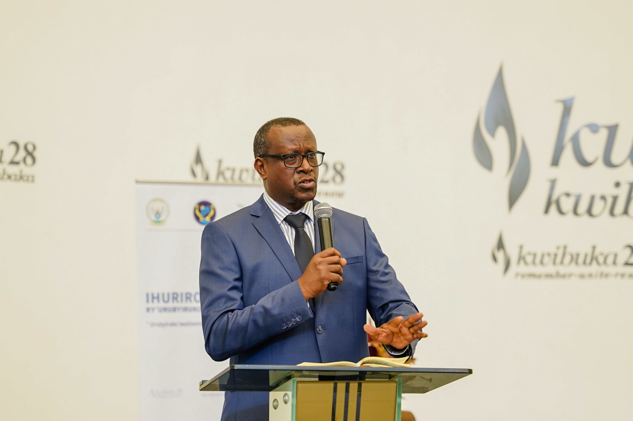 Jean Damascene Bizimana, the Minister of National Unity and Civic Engagement  addresses youths during the annual youth forum â€œIgihango Cyâ€™Urunganoâ€ that took place at Kigali Genocide Memorial on May 20,2022. All Photos by Dan Nsengiyumva
