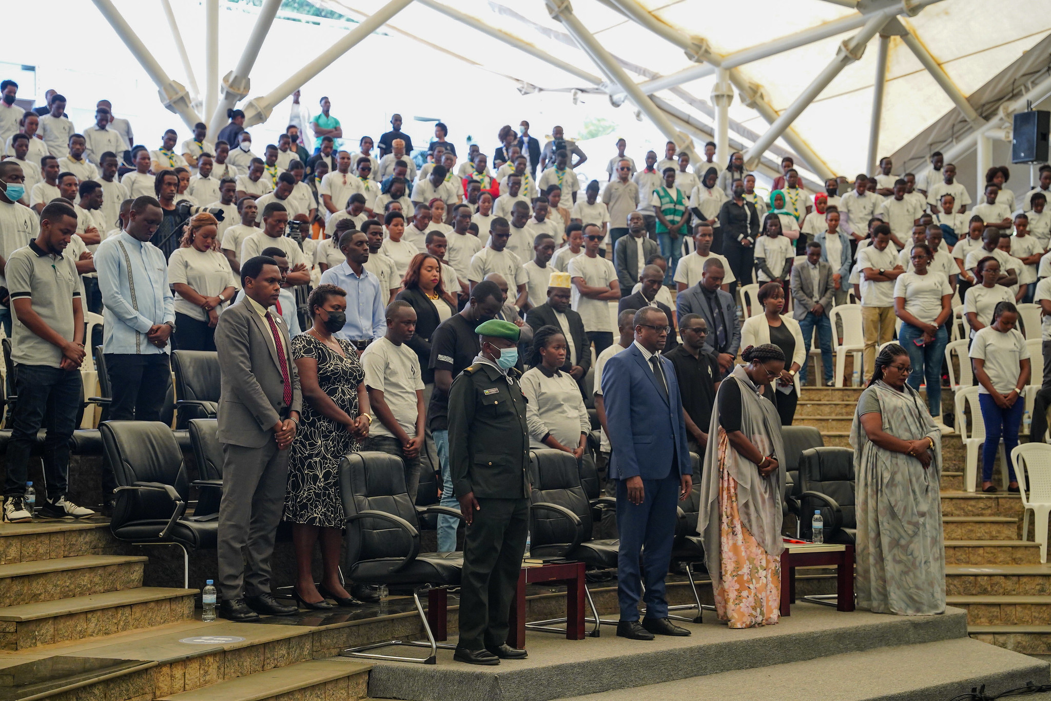  Youths observe a moment of silence to pay tribute to the victims during the annual youth forum â€œIgihango Cyâ€™Urunganoâ€ that took place at Kigali Genocide Memorial on May 20,2022. All Photos by Dan Nsengiyumva
