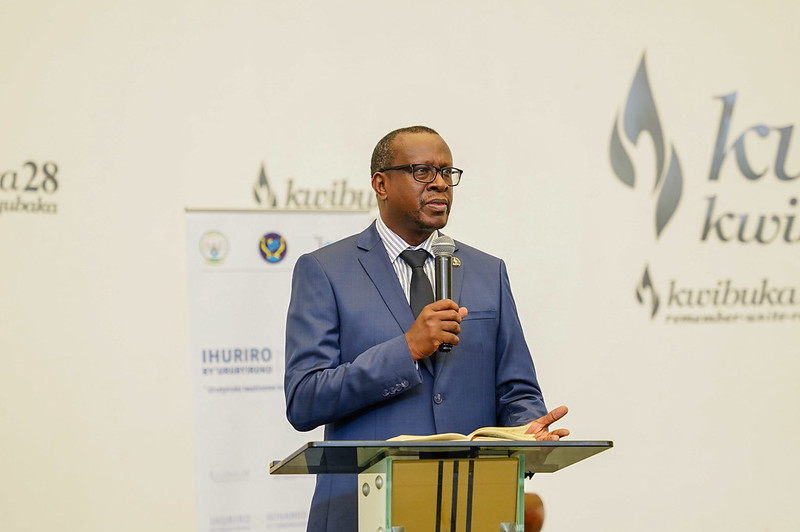 Jean Damascene Bizimana, the Minister of National Unity and Civic Engagement  addresses youths during the annual youth forum u201cIgihango Cyu2019Urunganou201d that took place at Kigali Genocide Memorial on May 20,2022. All Photos by Dan Nsengiyumva