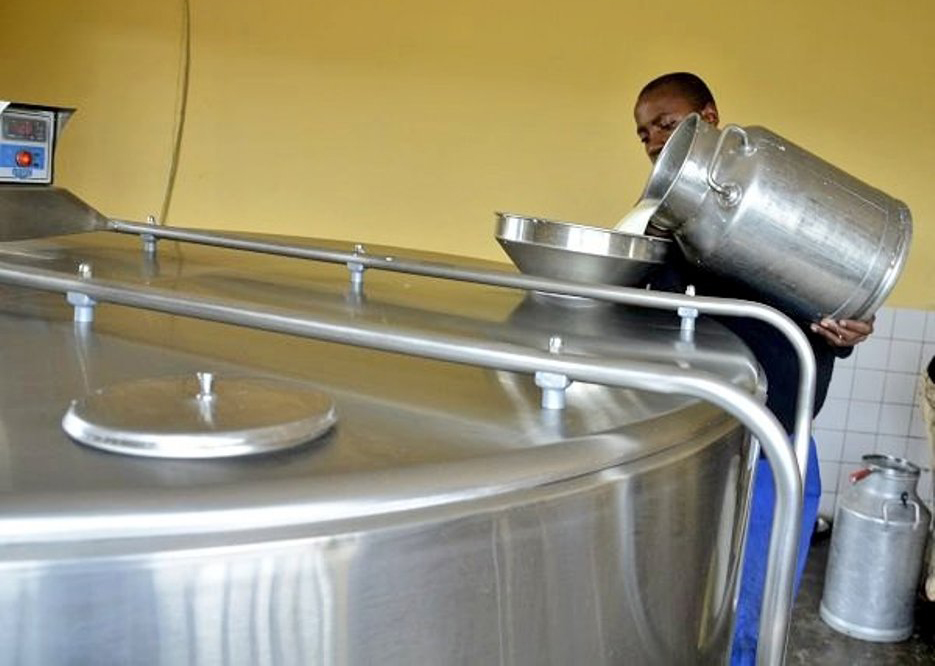 A worker fills milk  at a milk collection center in Nyaruguru District. The audit of this project revealed problems inducing milk collection centres to operate below their installed production capacity where 90 out of the 132 MCCs constructed (or 68 percent of them) were operating below 50 per cent of their capacity. 