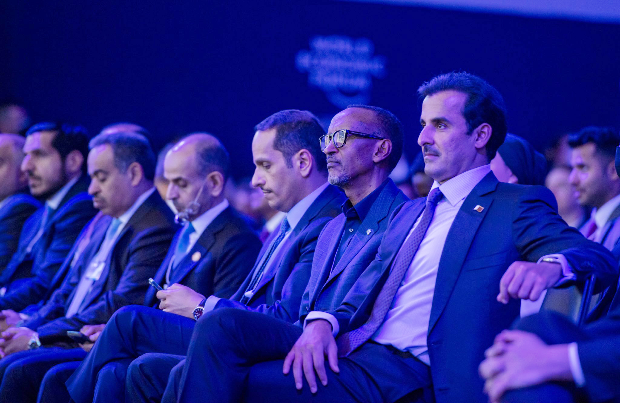 President Paul Kagame with other senior delegates follow a panel discussion at Davos where he joins over 50 Heads of State for the World Economic Forum annual meeting. Photo by Village Urugwiro