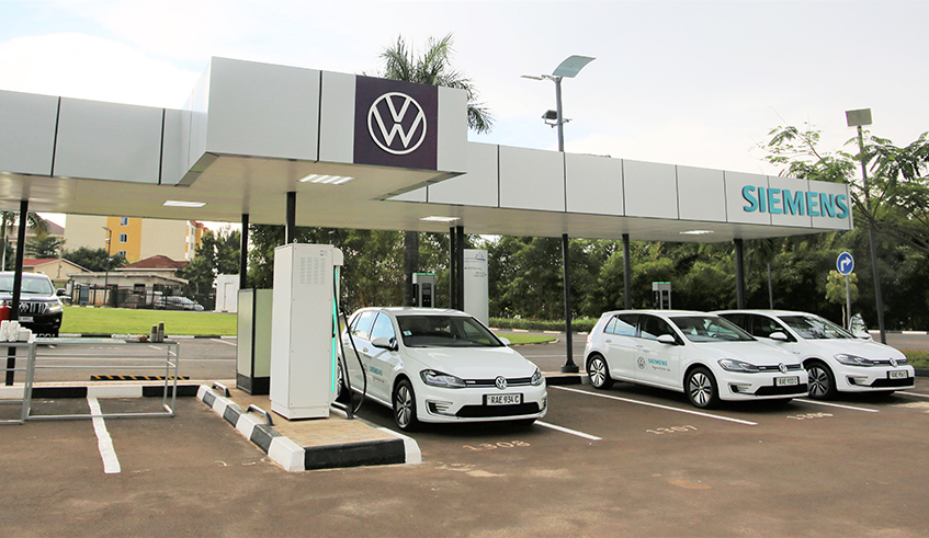 Electric cars at a charging station at Kigali Convention Center in Kigali on March 30, 2021.Photo by Craish Bahizi