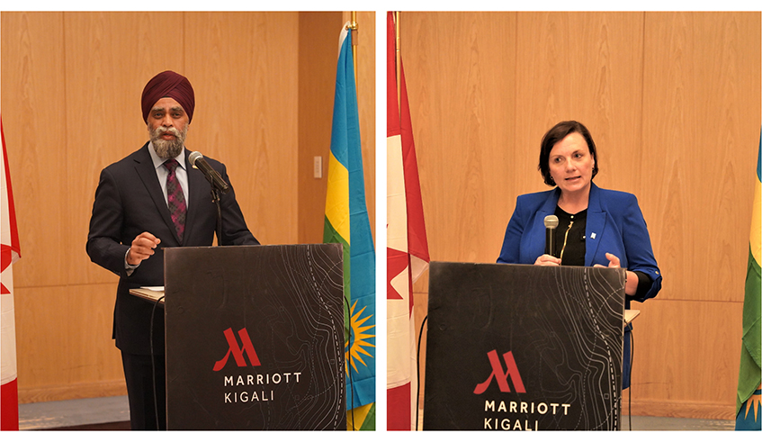 Canadian Minister of International Development, Harjit S. Sajjan and Shelly Whitman, the Executive Director of Dallaire Institute, speak during the news conference on Monday, May 23. / Photos: Craish Bahizi.