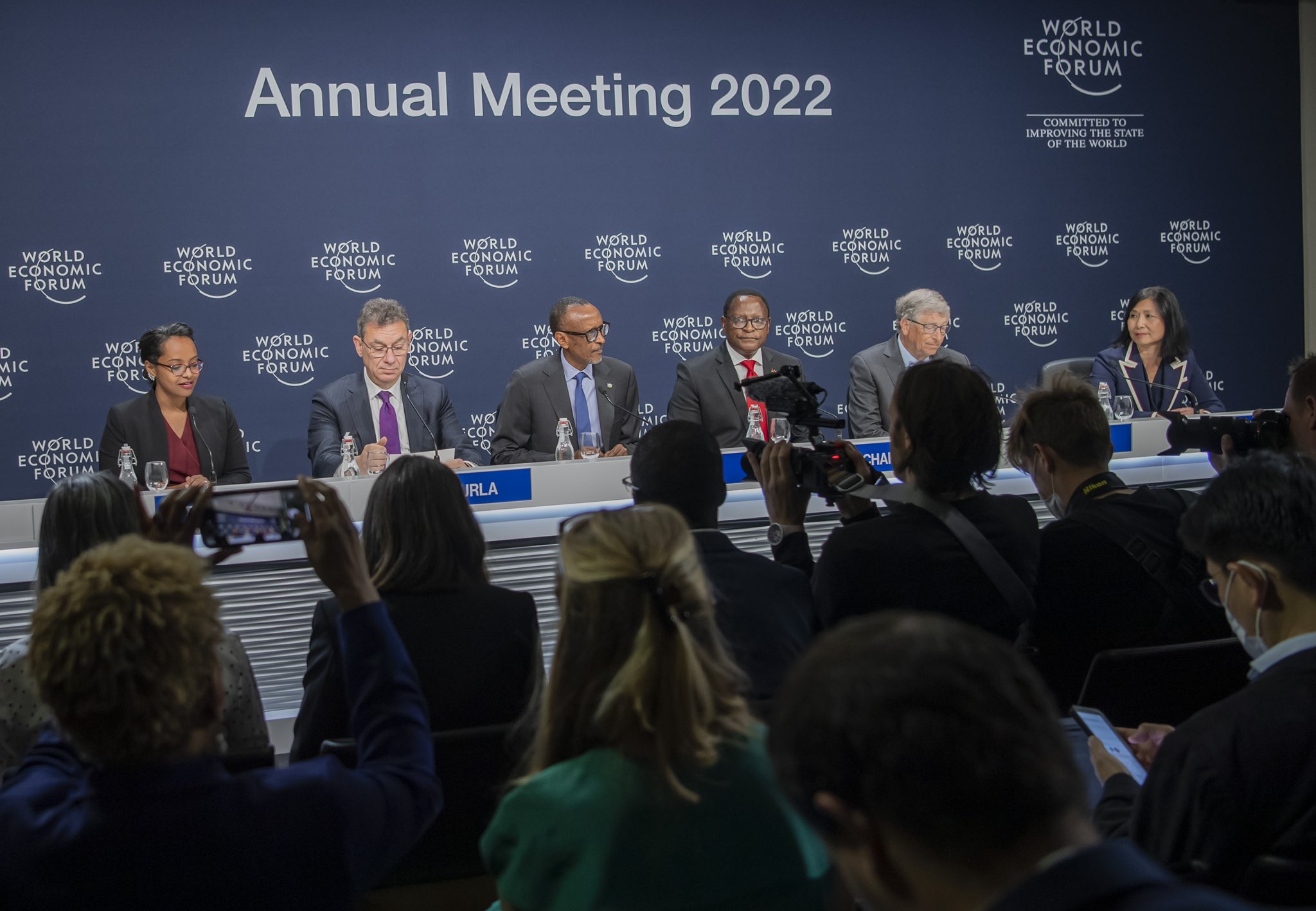 President Paul Kagame is joined by Malawiâ€™s President Lazarus Chakwera, Bill Gates, and Pfizer top management during a news conference to announce Pfizerâ€™s commitment to make all of its patented medicines and vaccines available at a not-for-profit price to 45 developing countries, in Davos, Switzerland on Wednesday, May 25.  Kagame said that rapid and affordable access  to the most advanced medicines and vaccines is a cornerstone of global health equity.  Photo: Village Urugwiro.