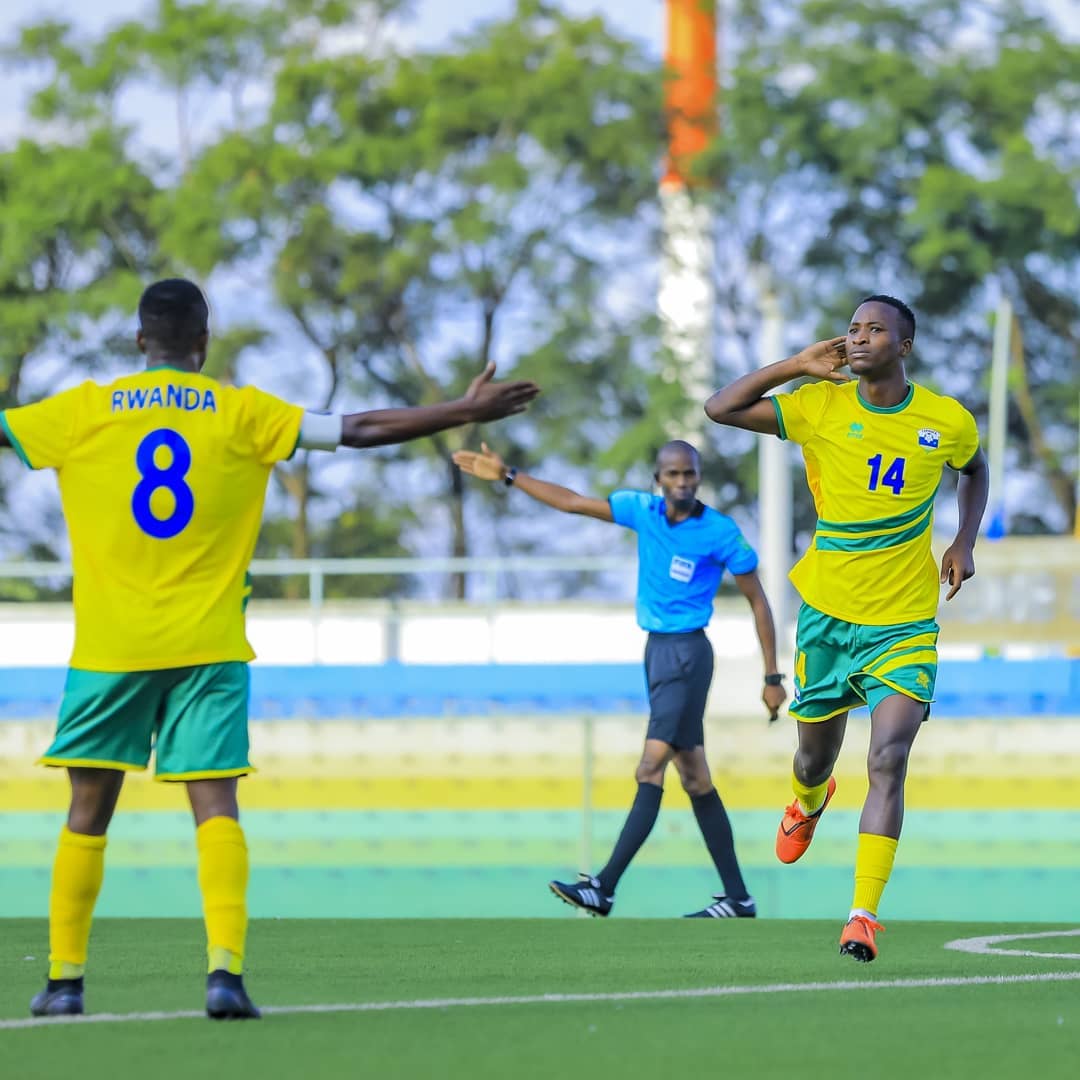 Rwandan striker Lague Byiringiro (#14) celebrates after scoring Mozambique during the Africa Cup of Nations (AFCON) 2021 qualifiers in Kigali in March last year. 