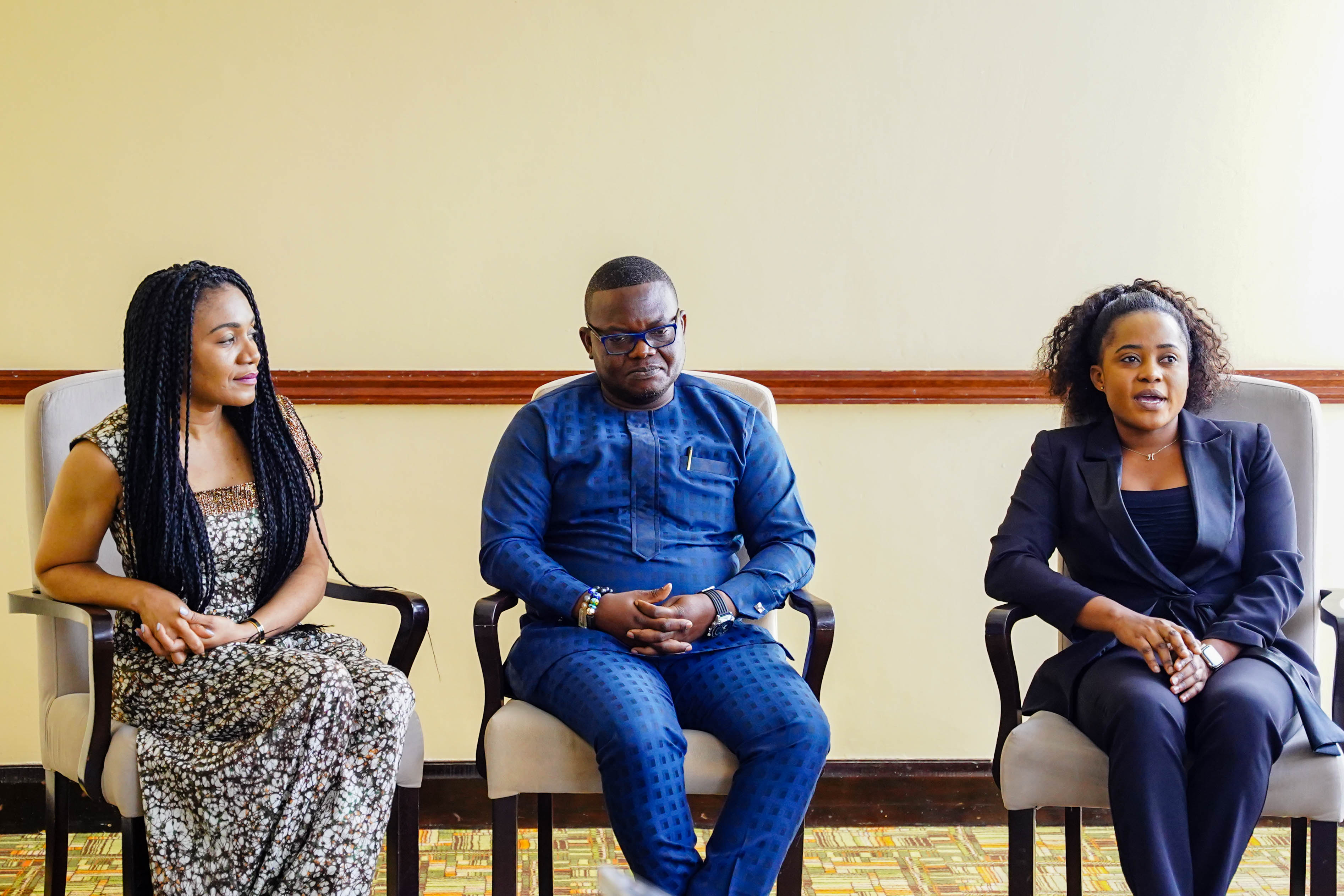 (L-R) Dr. Nkiru Balonwu, Founder Of The Africa Soft Power Project, Gayheart Mensah, Board Member of Africa Prosperity Network and Hannah Akuwu, Executive Secretary of Africa Prosperity Network during a news conference in Kigali on May 27 