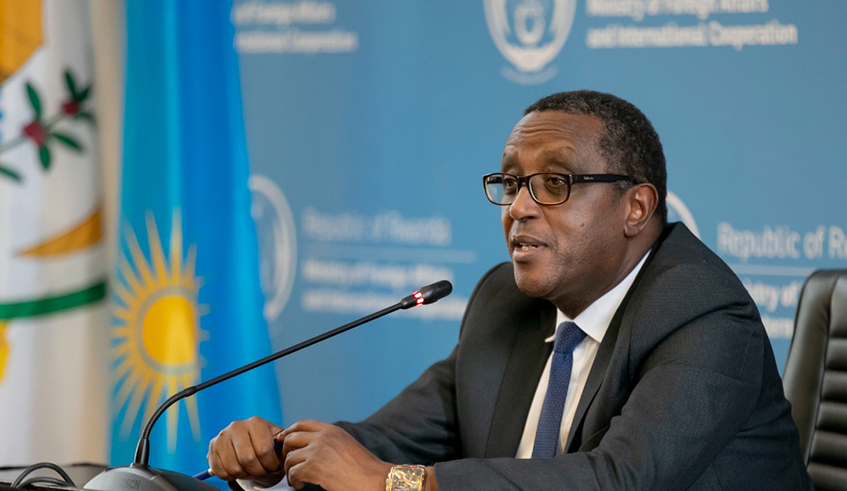 Minister of Foreign Affairs and International cooperation  Dr Vincent Biruta addresses the media in Kigali on May 31. Speaking about the relations between DR Congo and Rwanda, Minister Biruta said that even though Rwanda cannot idly stand in case provocations by the DR Congo continue, it remains committed to the path of dialogue for peace between two countries. Photo Courtesy