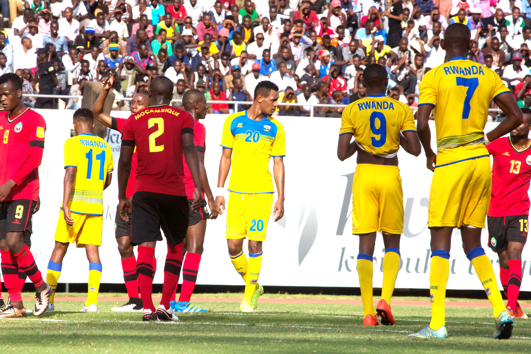 Rwanda national football team players during the game against Mozambique at Amahoro National Stadium on June 4,2016.The Mambas of Mozambique will be without their star player Luu00eds Jose Miquissone on Thursday . Photo by Sam Ngendahimana