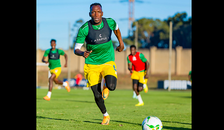 Amavubi striker, Meddie Kagere during a training session in South Africa. The veteran striker has called on his teammates to do everything possible to get a winning start in the 2023 Africa nations qualifiers. Photo: Courtesy.