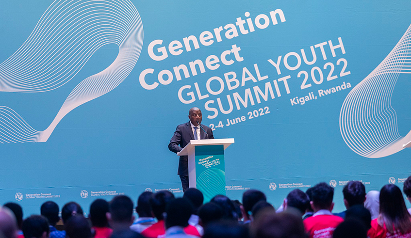 Prime Minister Edouard Ngirente delivers remarks at the Generation Connect Global Youth Summit in Kigali on June 2,2022. Courtesy