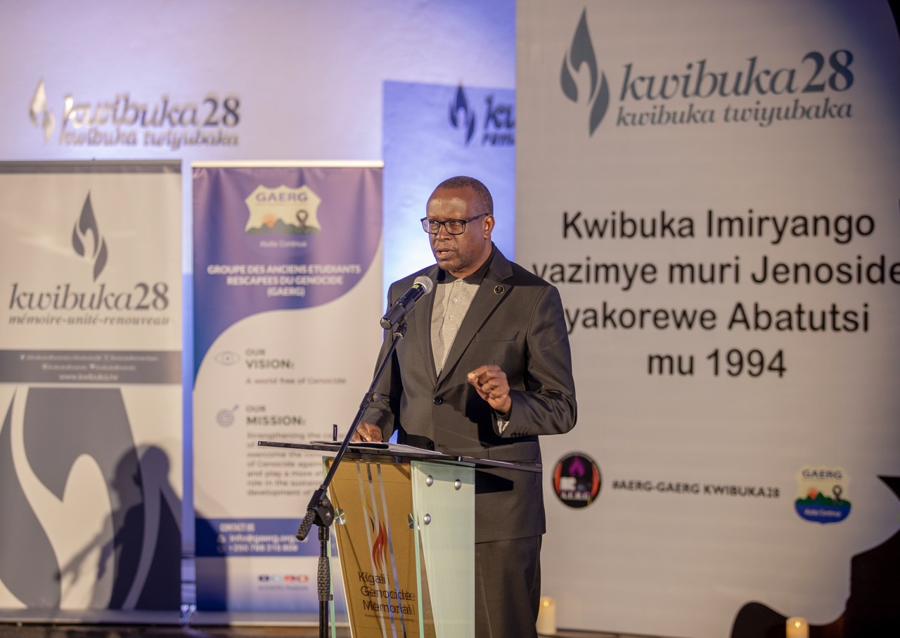Jean Damascene Bizimana, the Minister for National Unity and Civic Engagement addresses a commemoration event to pay tribute to the wiped out Tutsi families urining the Genocide Against the Tutsi on June 5.