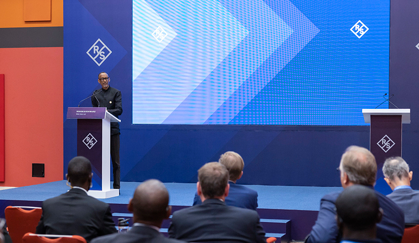 President Kagame speaking at the launch of the  Rhode and Schwarz in operations in Rwanda. The German-based multinational deals in a wide range of services including broadcast and media, cyber security, radio monitoring among others. / Photo by Village Urugwiro