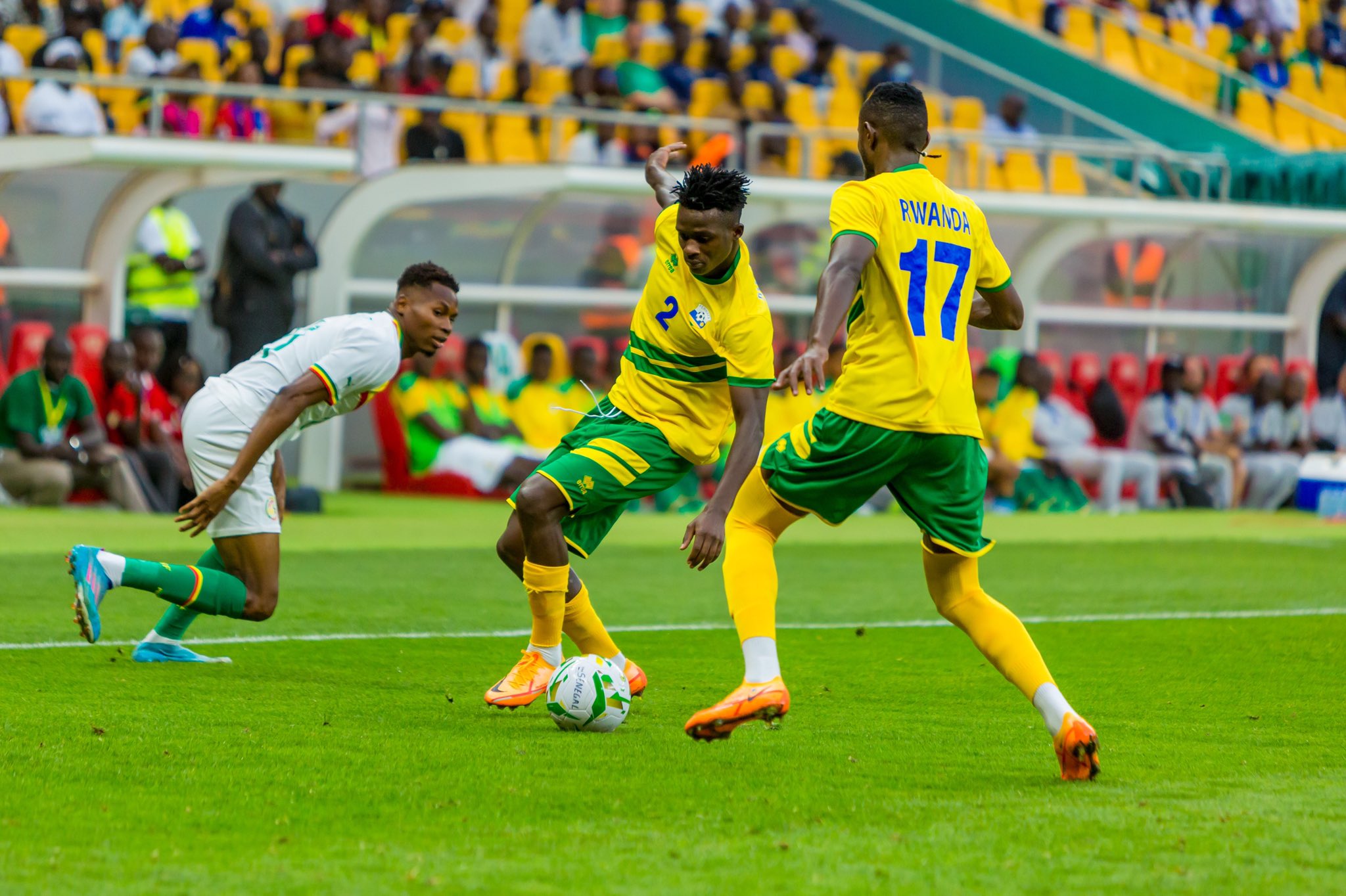 Amavubi left back Emmanuel Imanishimwe with the ball during the tie against Senegal in Dakar on June 7. The Morocco based defender has been in good form for both club and country. Photo: Courtesy.
