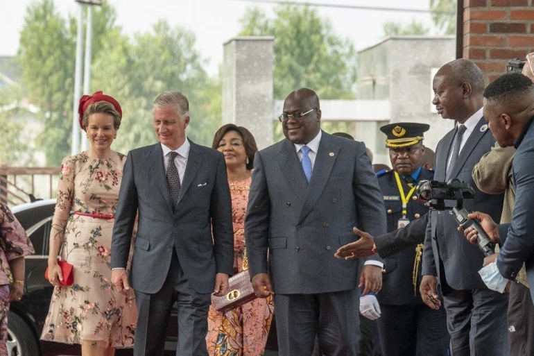 (From L to R): Belgium's Queen Mathilde, Belgium's King Philippe, First Lady of the DRC Denise Nyakeru Tshisekedi and President of the Democratic Republic of the Congo Felix Tshisekedi arrive at the National Museum of the Democratic Republic of the Congo in Kinshasa on June 8, 2022. 
