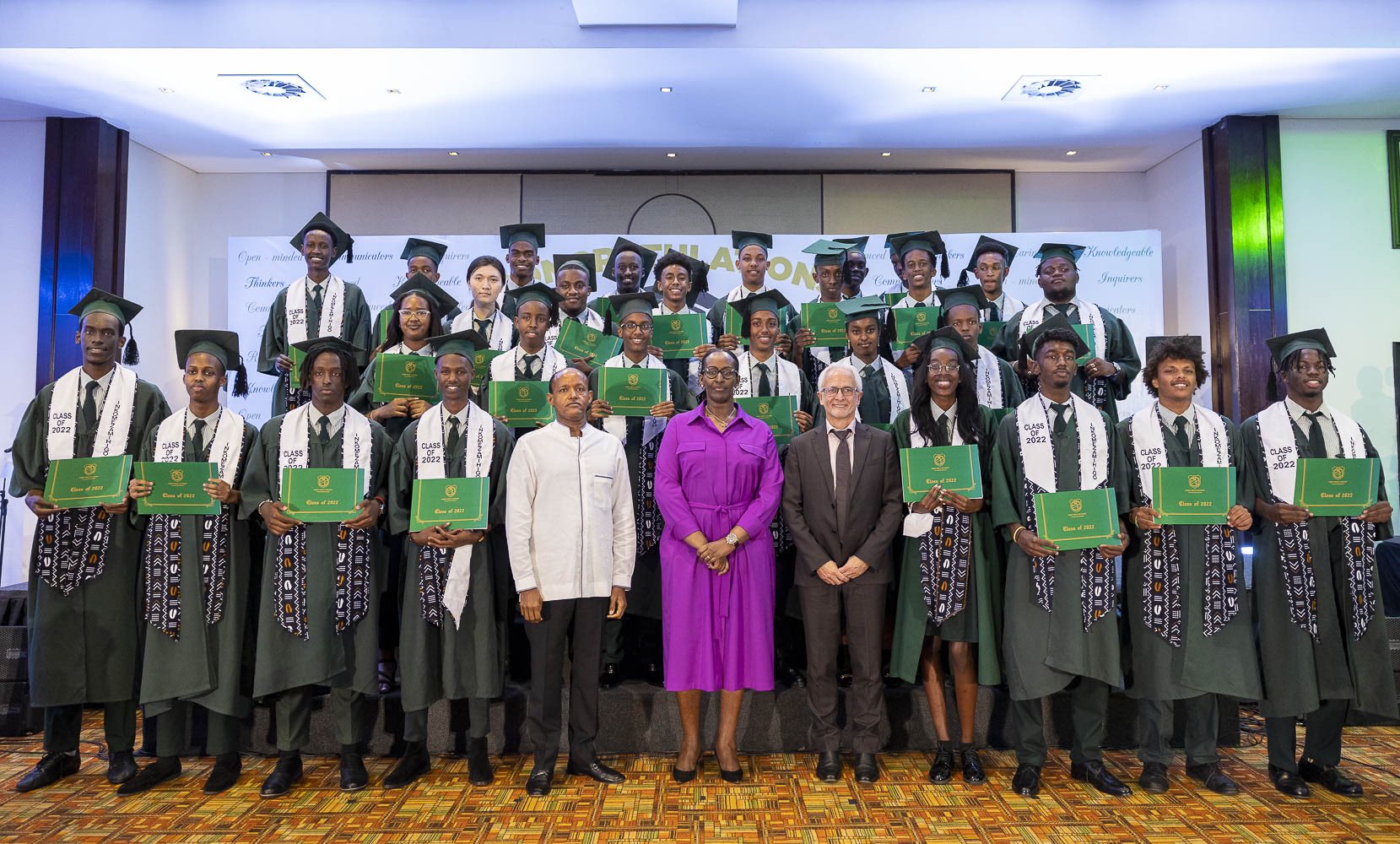 First Lady Jeannette Kagame with students in a group photo  during a graduation ceremony of Green Hills Academy students in Kigali on Saturday, June 11. Courtesy