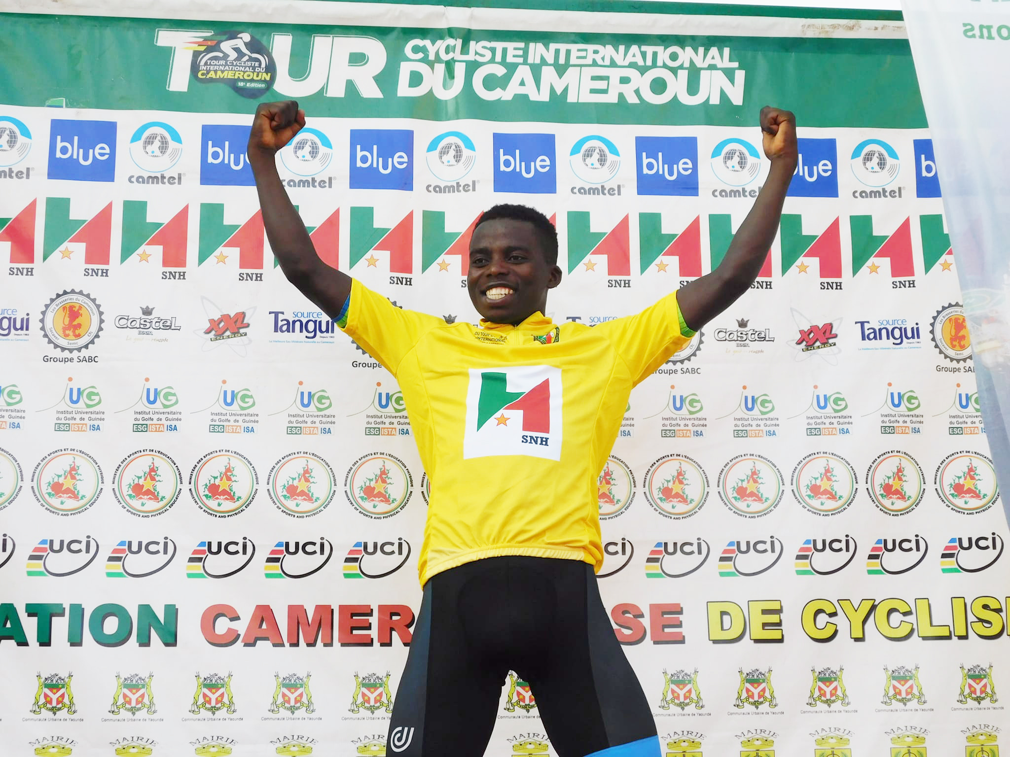 Team Rwanda icon Moise Mugisha celebrates his crucial victory to become the winner of Tour du Cameroun 2022 on Sunday, June 12. 