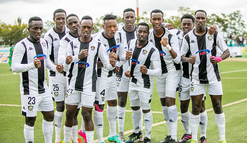APR FC players celebrate a goal during the league game against Marine FC at Kigali Stadium.. Olivier Mugwiza