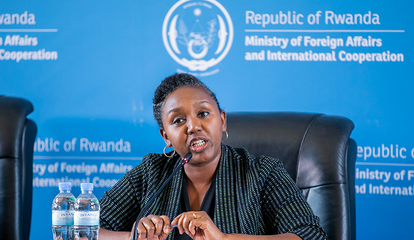The government spokesperson Yolande Makolo  addresses a press conference in Kigali on Tuesday June 14. / Photo by Olivier Mugwiza