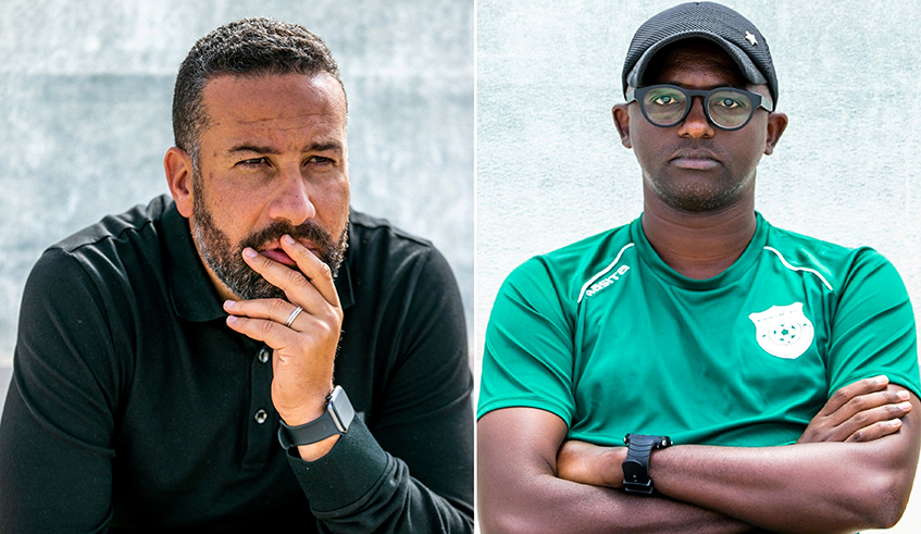 All to play for. APR coach Mohammed Adil Erradi (L) and Kiyovu coach Francis Haringingo will be nervous in the dug out on Thursday in the final match of the season. APR has a one point lead over the Green Baggies. Photo:Olivier Mugwiza