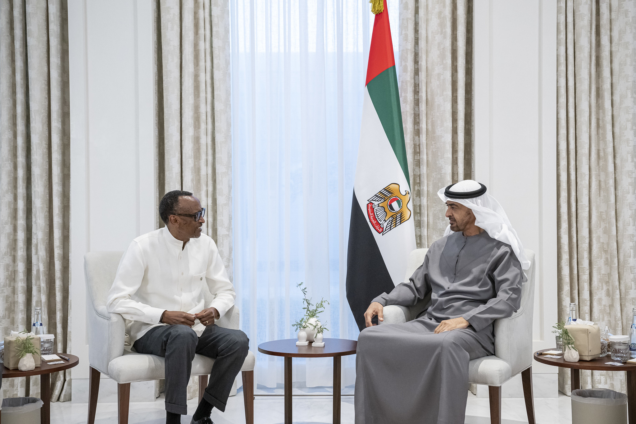 President Kagame met with  His Highness Sheikh Mohamed bin Zayed Al Nahyan  and presented his condolences for the passing of H.H. Sheikh Khalifa bin Zayed Al Nahyan in Abu Dhabi on June 15. Photo by Village Urugwiro