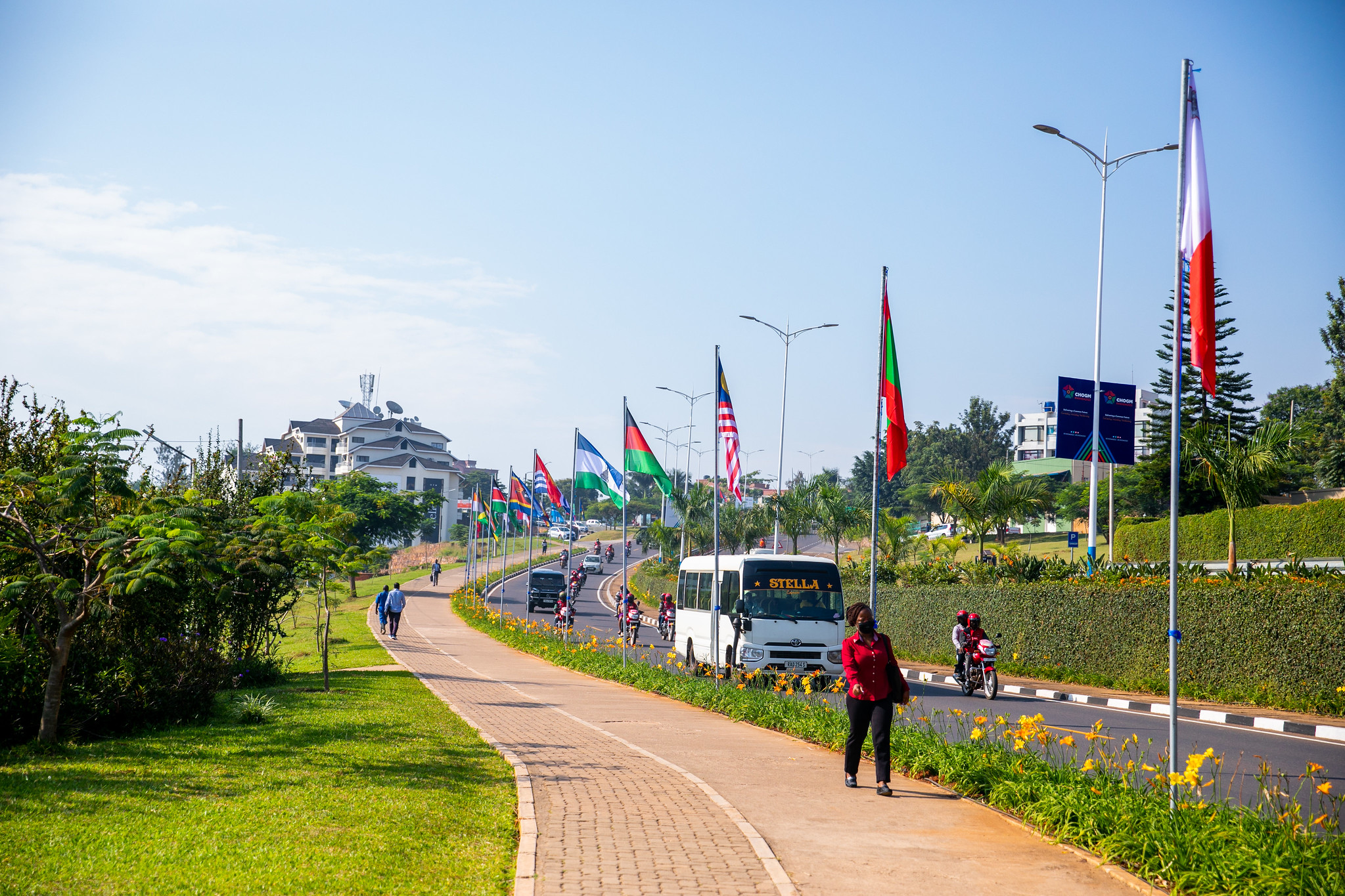 A view of Airport Road at Kimihurura with flags of different countries of the commonwealth. From June 16, some roads in Kigali will be closed to allow smooth transportation of the attending delegates. 