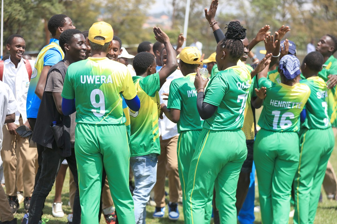 Rwanda women celebrate after beating Nigeria by 23 runs. 