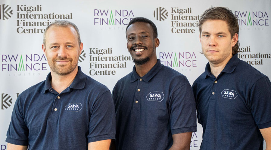 (L-R): SAWA Energyu2019s Guillaume Charpenel, Eder Munyampenda and Samuel Kaufman, the Managing Director of Sawa Energy. 