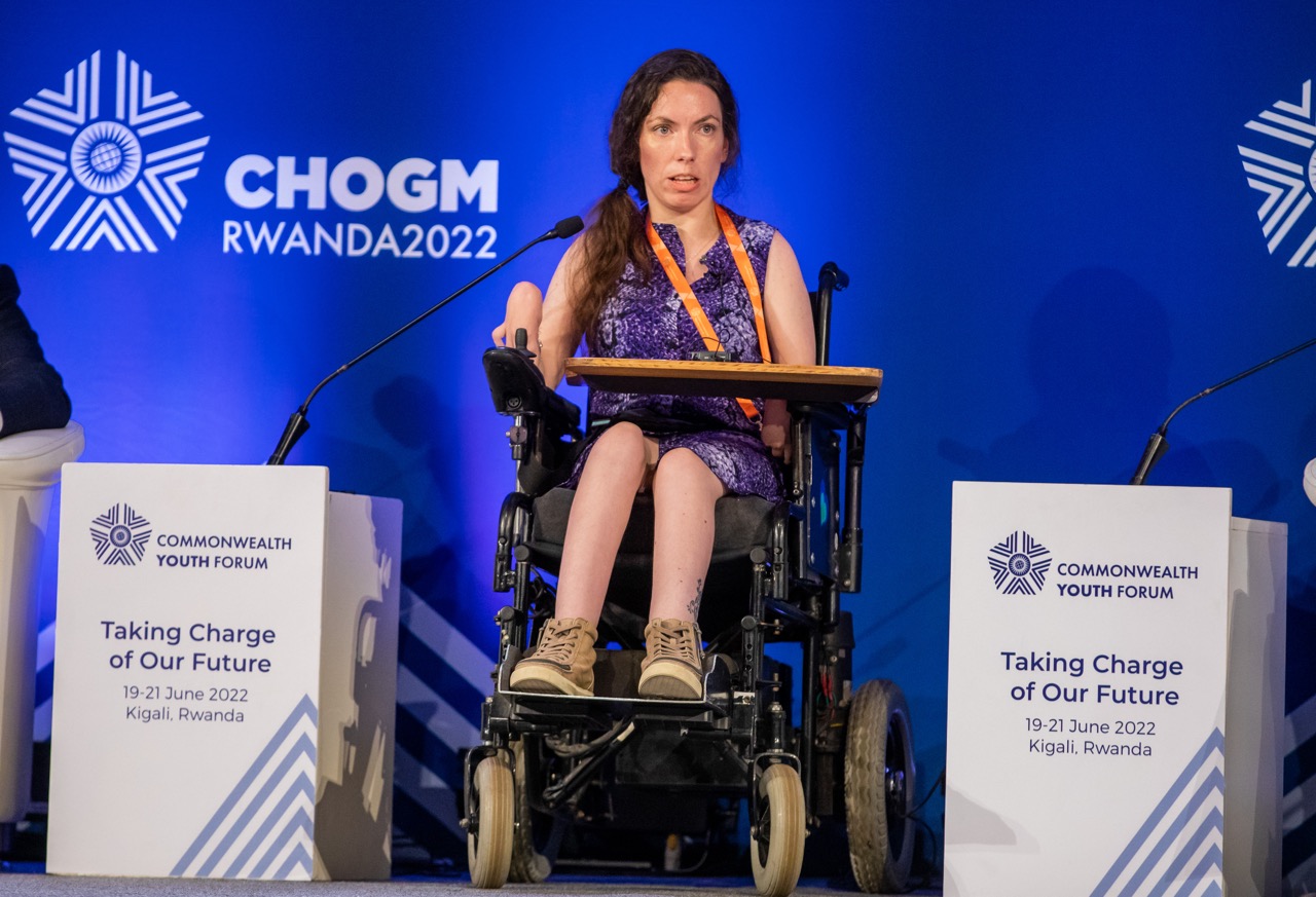 Chaeli Mycroft, a young South African ability activist and co-founder of the Chaeli Campaign speaks at the opening of the Commonwealth Youth Forum in Kigali on June 19. 