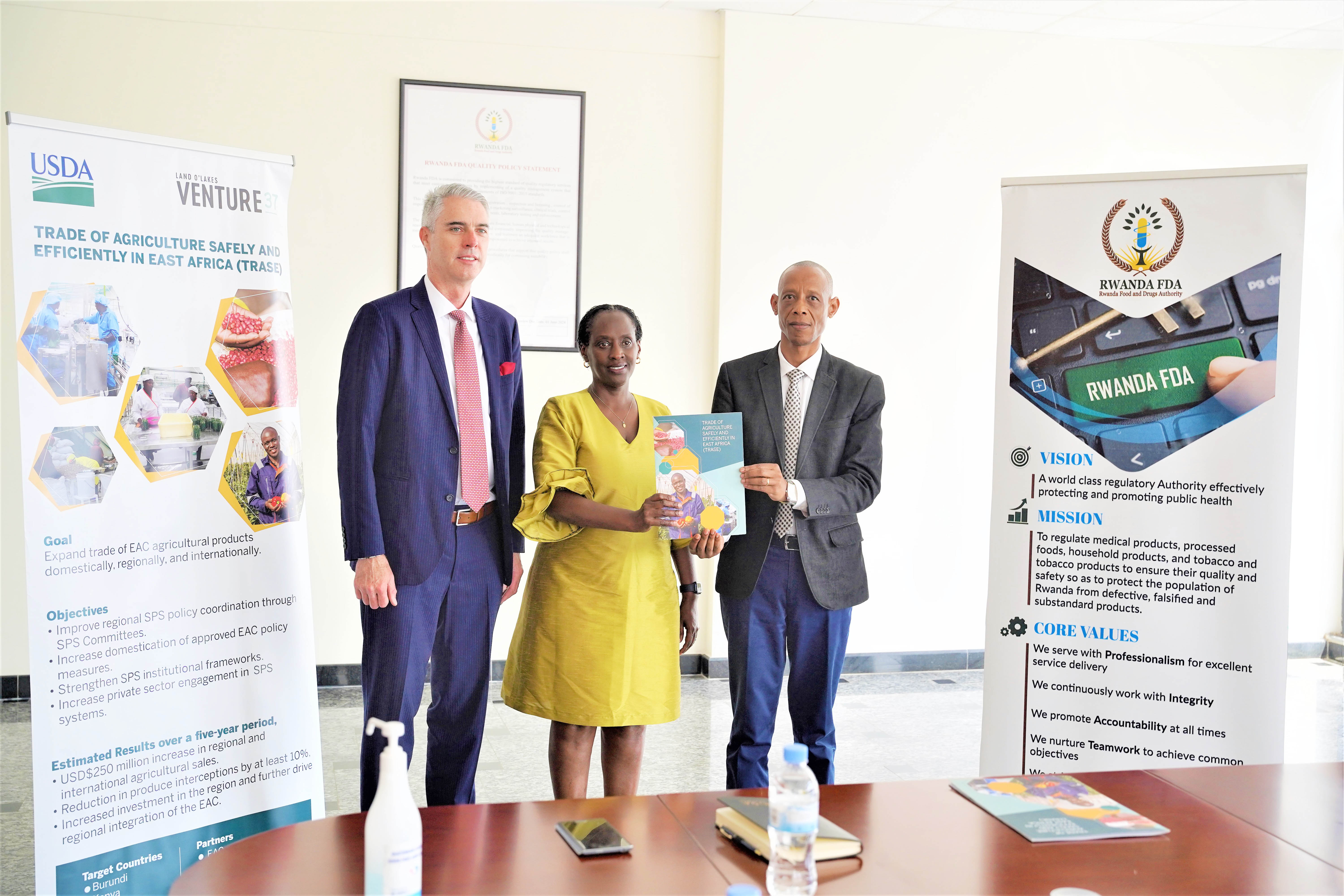 (L-R) Emmet Murphy, Technical Director, Agricultural Market Systems; Martha Byanyima, Chief of Party TRASE project; and Dr Emile Bienvenu, Director General of Rwanda Food and Drugs Authority during the signing event on June 17. 