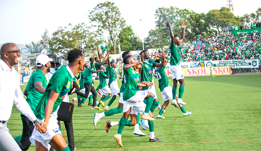 Kiyovu SC players celebrate after defeating arch-rivals Rayon Sports in a league match at Kigali Stadium. The Green Baggies pushed APR for the league title until the final match. Photo: Olivier Mugwiza.