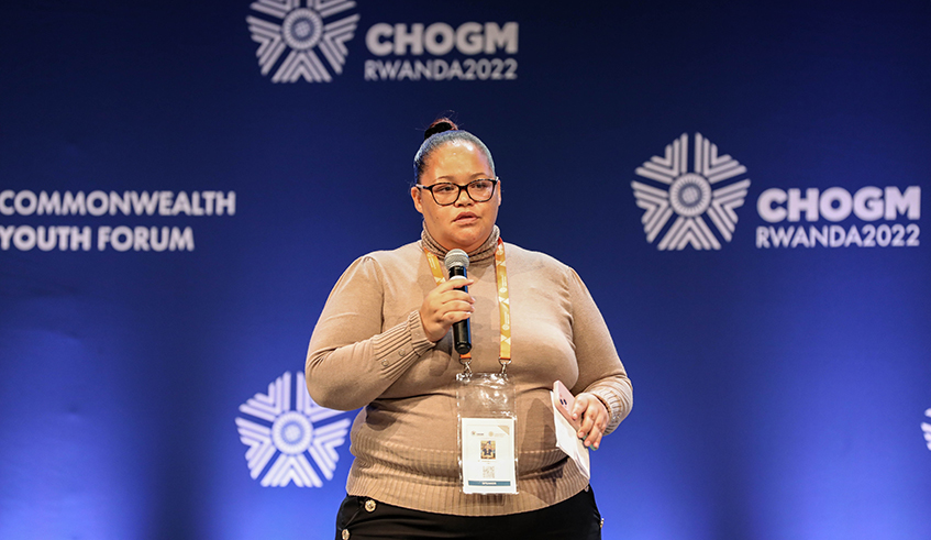 Sharonice Busch, a pan-African youth union vice president and National Youth Council of Namibia speaks at the Youth Forum on June 20. / Dan Nsengiyumva