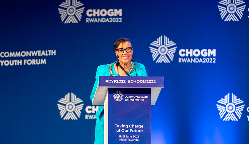 Patricia Scotland QC, the Commonwealth Secretary-General delivers remarks  at the closure of a three-day Commonwealth Youth Forum in Kigali on June 21. Courtesy