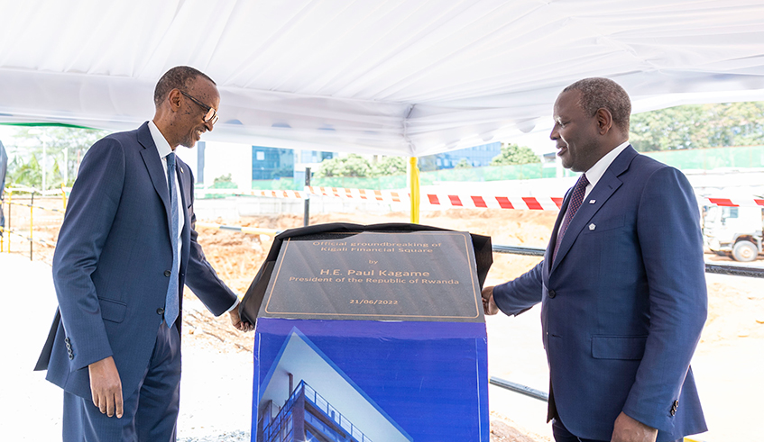 President Kagame and James Mwangi, Managing Director and chief executive of Equity Holding Group Plc, inaugurate the construction works for the proposed Kigali Financial Square towers in the heart of the Central Business District, on Tuesday, June 21. Village Urugwiro