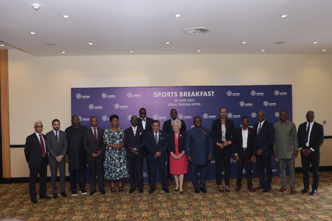 A group photo of senior officials, representing different entities, at the CHOGM Sports Breakfast at Serena Kigali Hotel on Thursday, June 23. / Courtesy