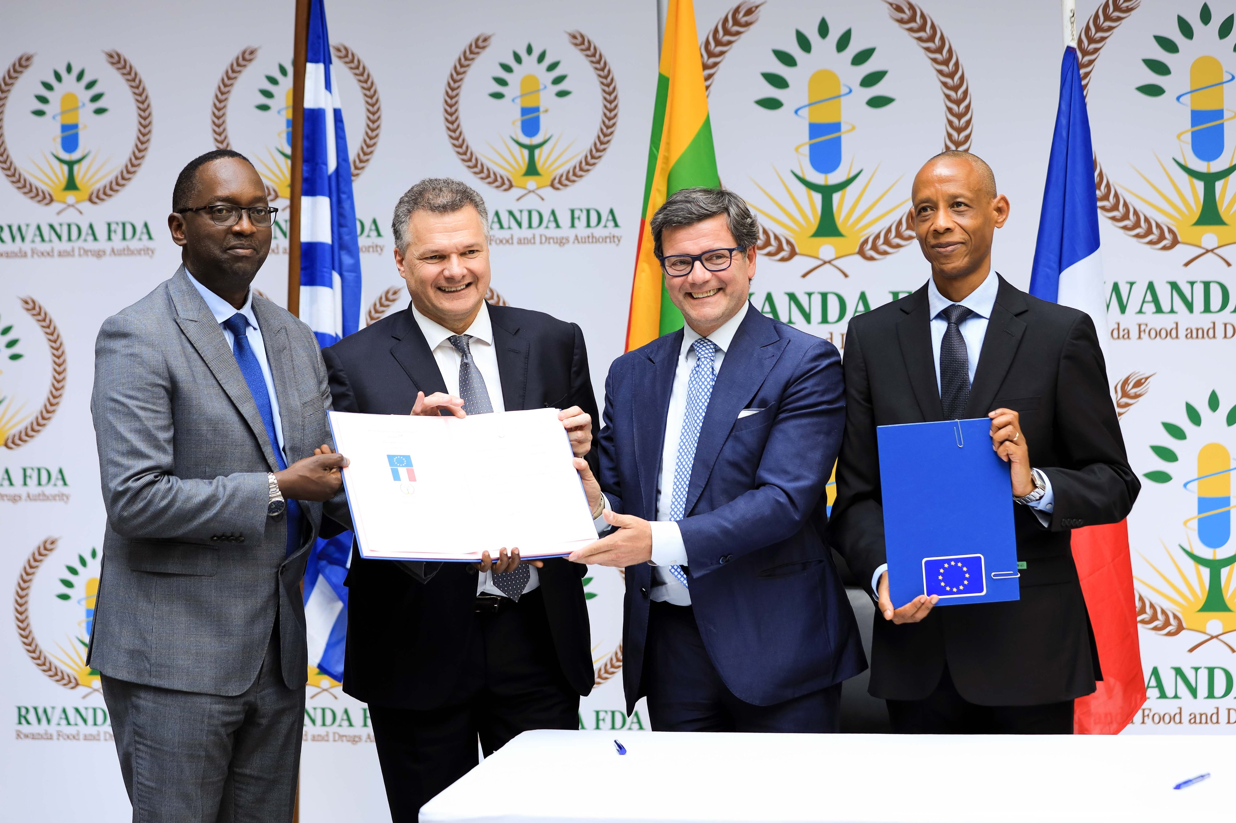 (L-R)Minister of Health Dr Daniel Ngamije,   Antoine Anfre, the Ambassador of France to Rwanda,  Nicola Bellomo, the EU Ambassador and Dr Emile Bienvenu, the Director General of the Rwanda FDA after signing the agreement  in Kigali on Wednesday, June 22. Courtesy