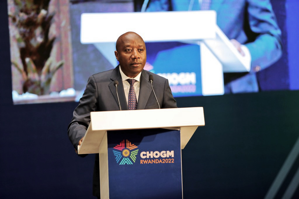 Prime Minister Edouard Ngirente delivers remarks at the CHOGM high-level side event on climate change in Kigali on June 23. Photo Courtesy
