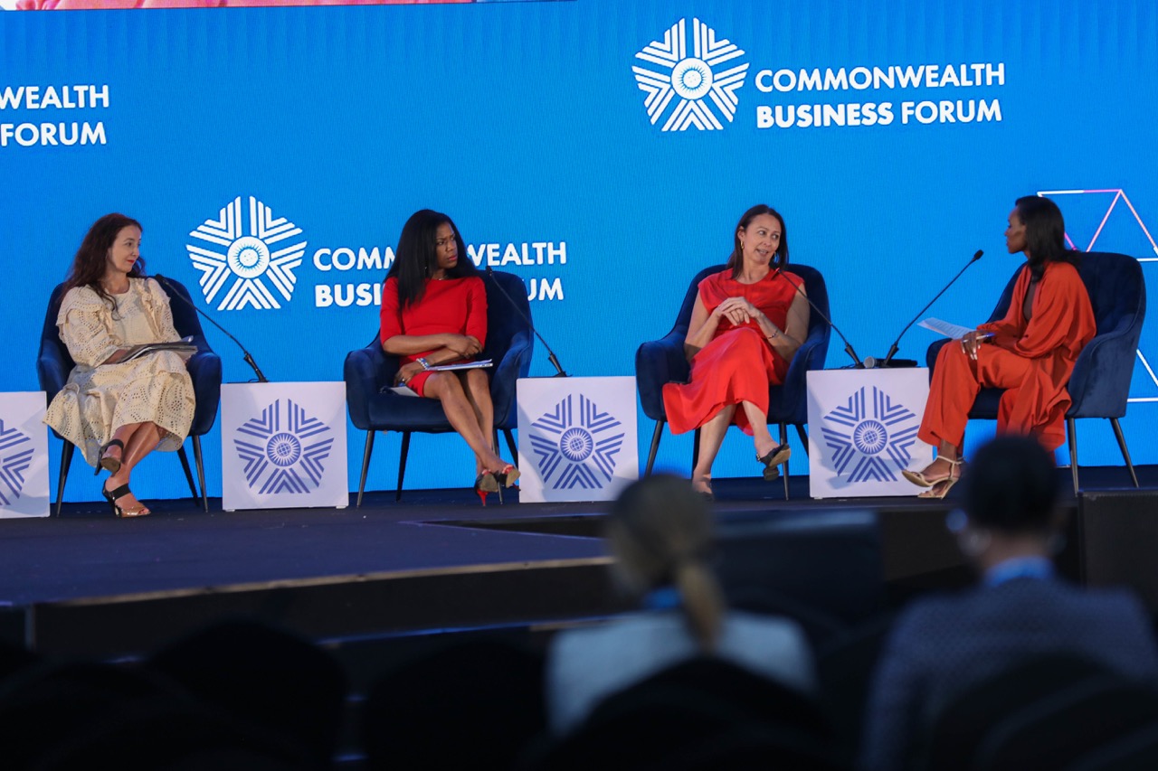 Tamara Cincik, CEO - Fashion Roundtable (United Kingdom); Keneea Linton-George - Fashion Designer, Keenea Linton Designs (Jamaica); Caroline Rush CBE - CEO, British Fashion Council, (United Kingdom); and Fiona Muthoni, Presenter and Producer, CNBC Africa, during a panel discussion on fashion design in Kigali. 