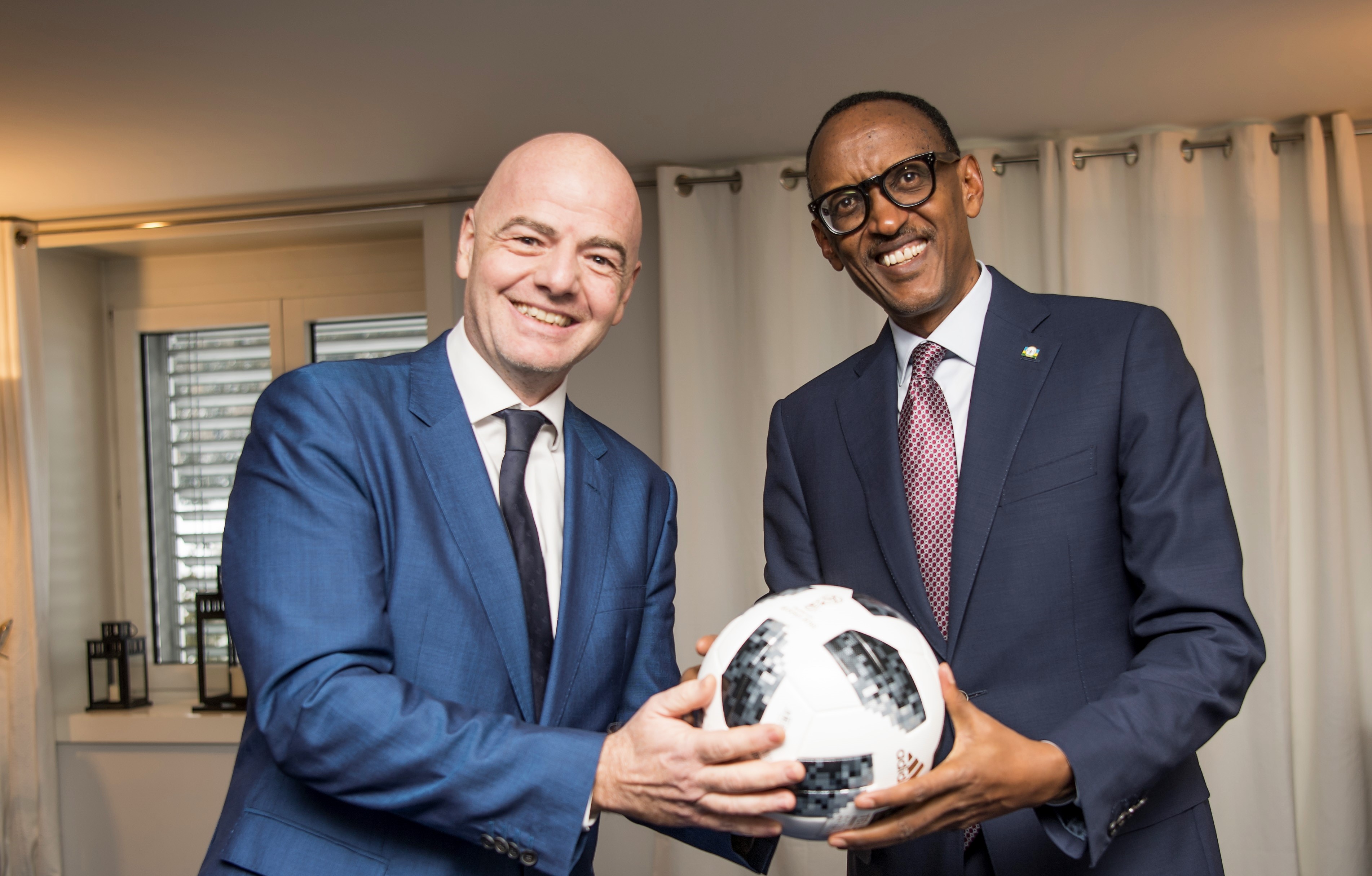 President Paul Kagame meets with Gianni Infantino, President of the world football governing body (Fifa), on the sidelines of the World Economic Forum in Davos on January 25, 2018. 